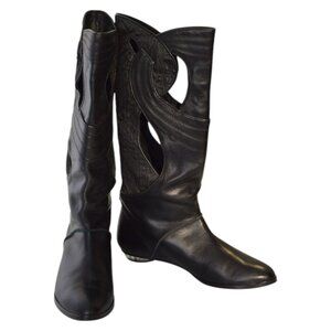 Maloles Black Leather & Canvas Cut Details Flat Boots Shoes size 40